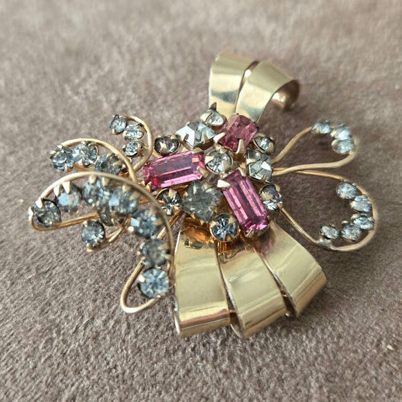 Vintage signed M&S‎ 12K Gold filled Pink and White Rhinestone Brooch or Pendant - Picture 3 of 8